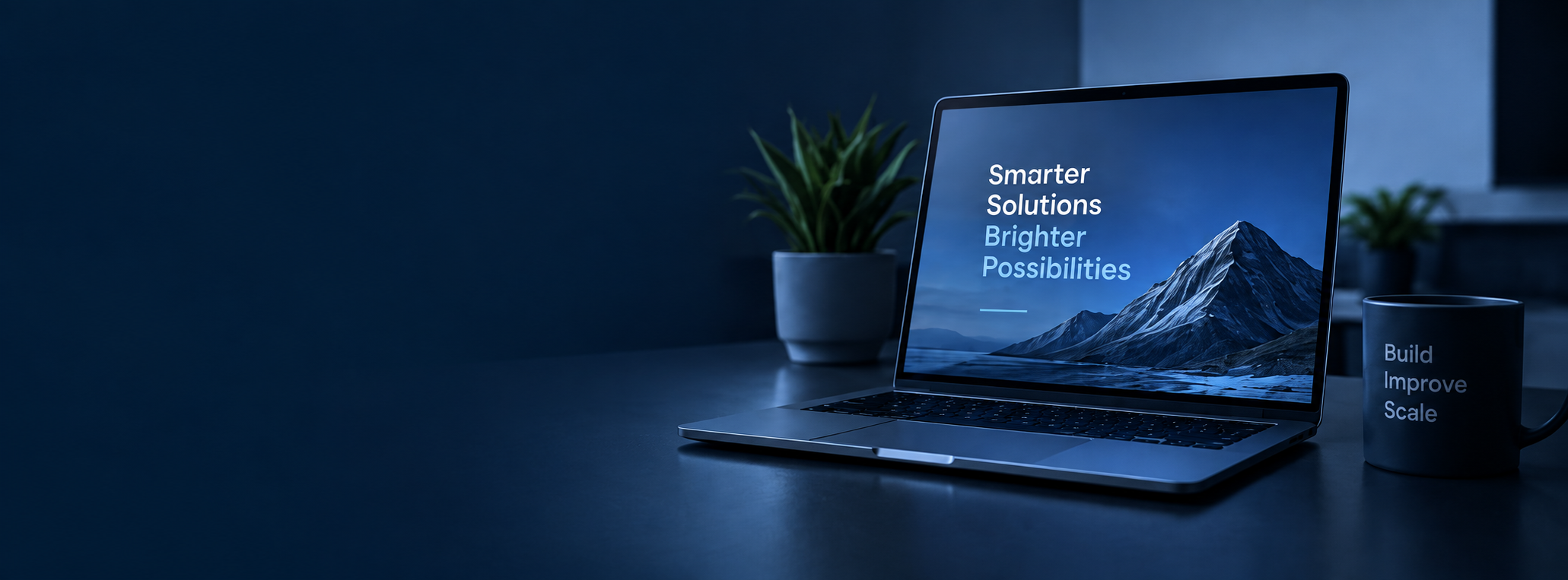 Laptop displaying a mountain and the words Smarter Solutions, Brighter Possibilities on a blue-lit desk.